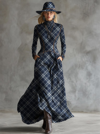Elegant And Unique Stand-up Collar Blue Plaid Denim Maxi Dress