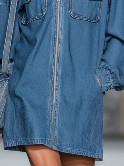 Collared Multi-pocket Zippered Denim Mini Dress