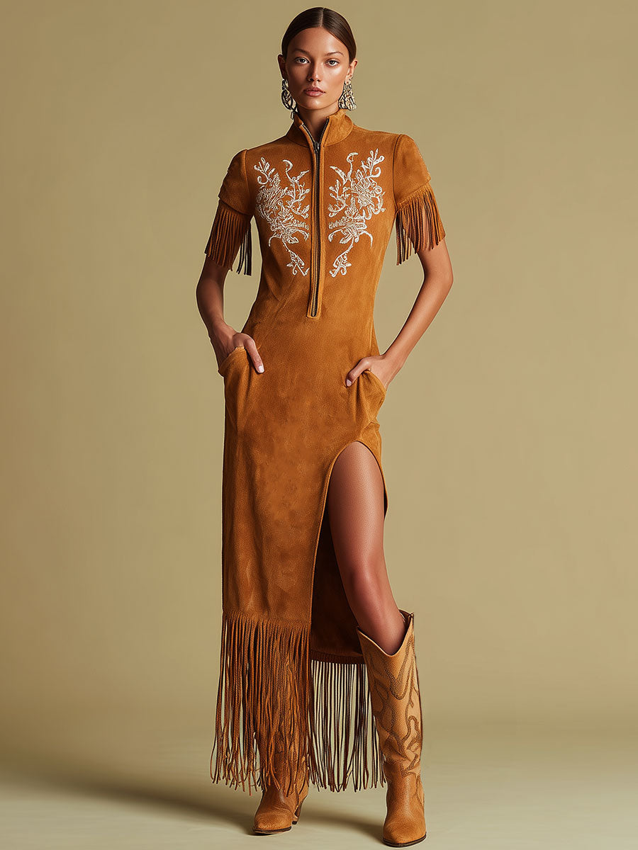 Western Retro Embroidered Brown Fringe Maxi Dress