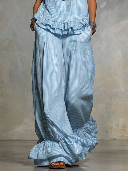 V-neck Sleeveless Striped Cotton And Linen Top And Pants Set
