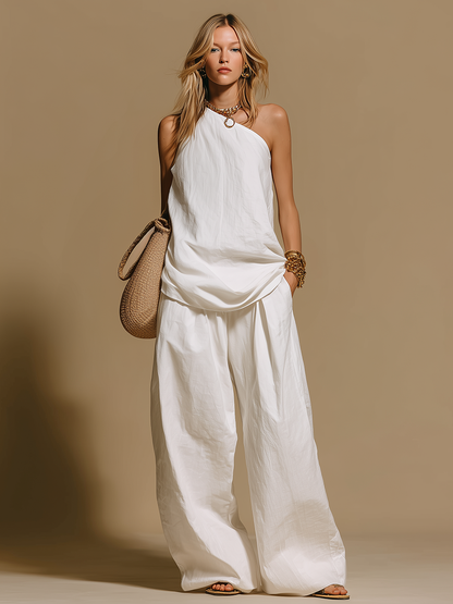 Stylish Casual Sleeveless Top And Wide-leg Pants Set
