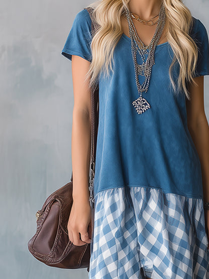 Retro-style Fashionable Blue Faux Suede Patchwork Plaid Short-sleeved Maxi Dress