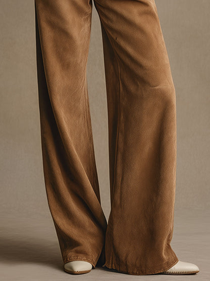 Western Retro Light Brown Faux Suede Wide-leg Pants