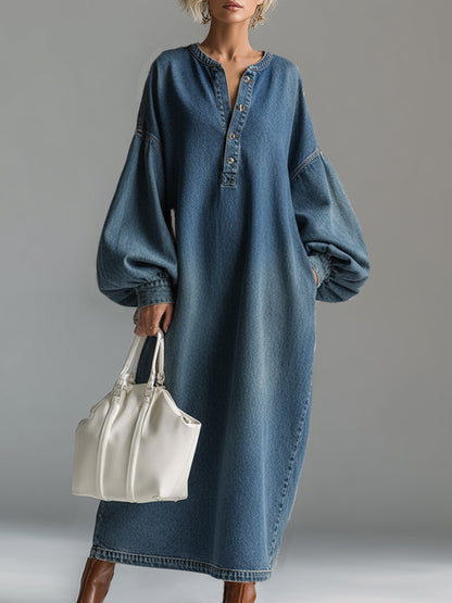 Elegant Urban-style Blue Denim Button-down Maxi Dress