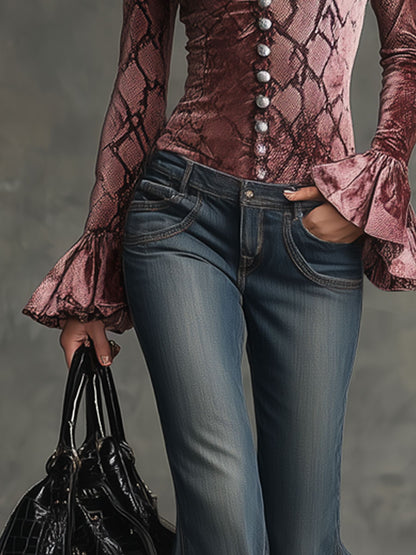 Vintage Pink Velvet Crocodile Print V-Neck Flared Long-Sleeved Shirt