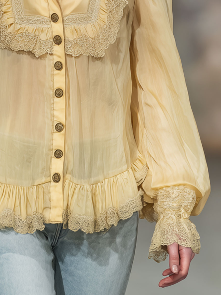 Casual Retro Yellow Cotton Blend Lace-trimmed Long-sleeved Shirt