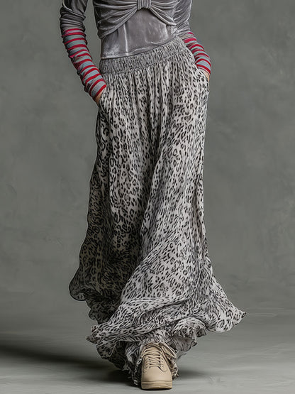 Casual Retro Gray Velvet Hooded Top And Chiffon Leopard Print Skirt Set