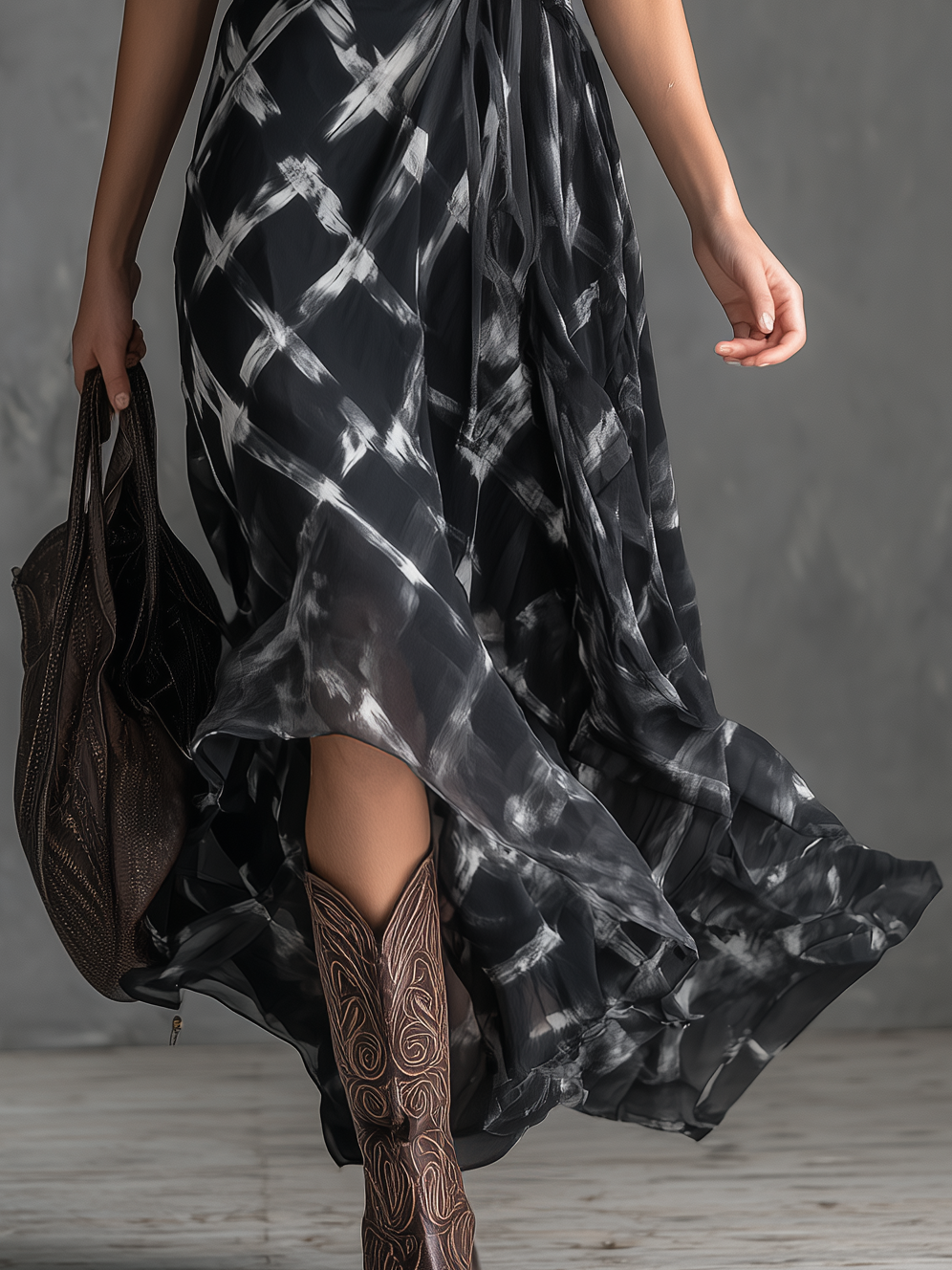 Stylish Retro V-neck Sleeveless Checkered Print Chiffon Maxi Dress