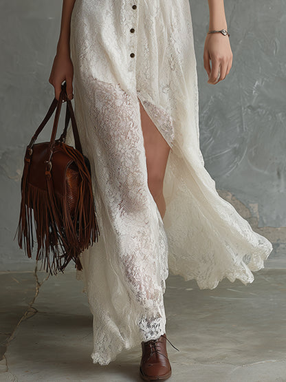 Elegant Vintage Off-white Lace Sleeveless Maxi Dress