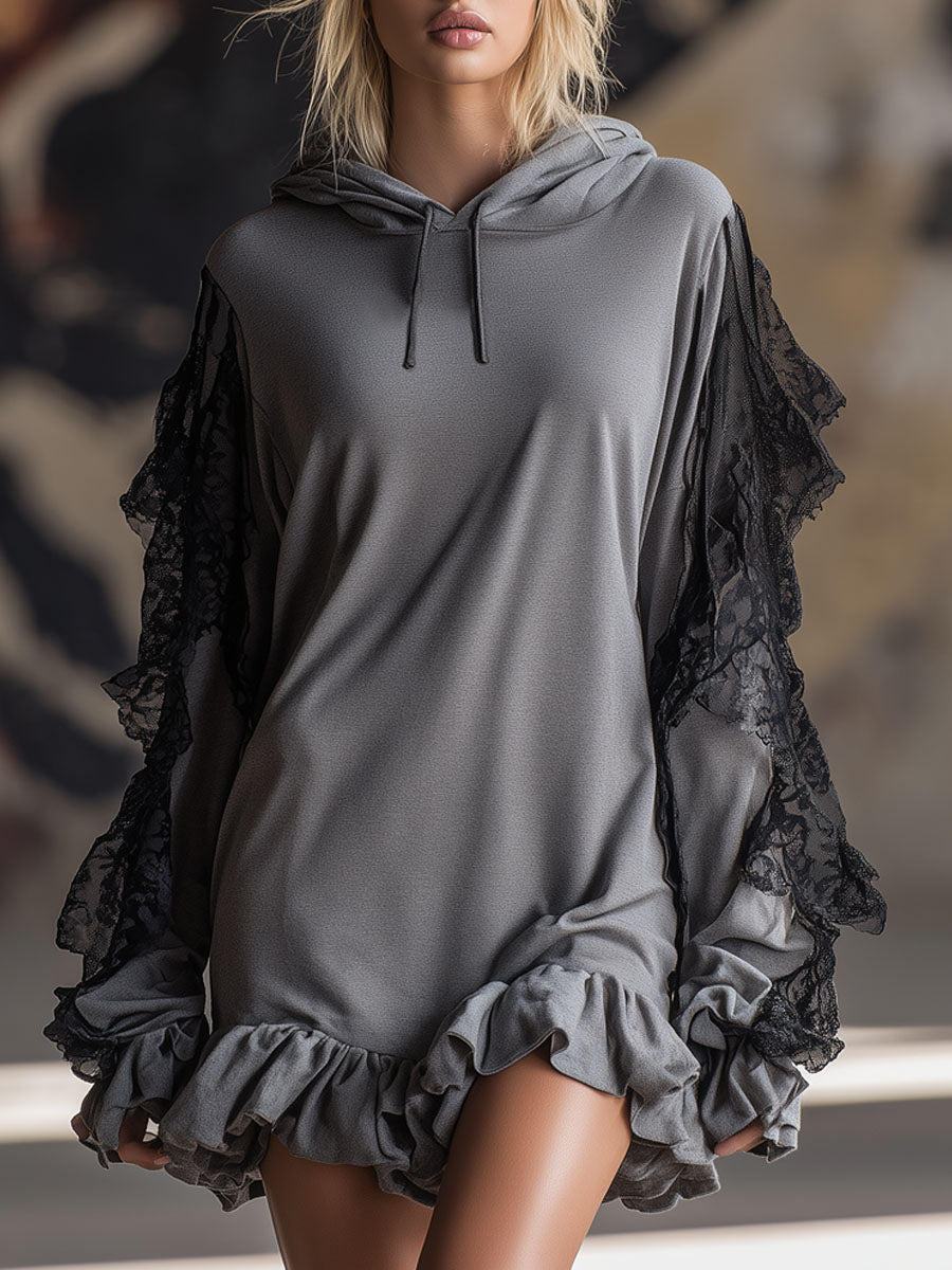 Loose-fitting Hooded Lace-trimmed Long-sleeved Sporty Mini Dress