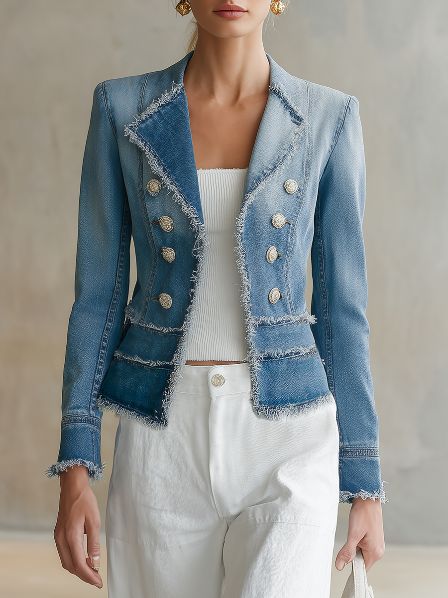 Light Blue Frayed Denim Blazer Women Double-Breasted Cropped Fitted Western Jacket