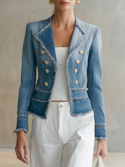 Light Blue Frayed Denim Blazer Women Double-Breasted Cropped Fitted Western Jacket