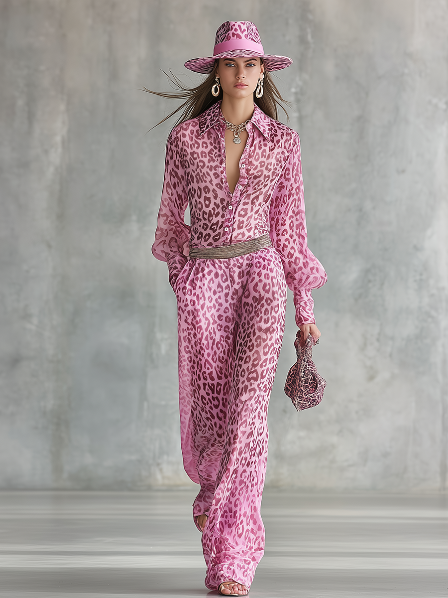 Stylish Vintage Leopard Print Chiffon Shirt And Wide-leg Pants Set