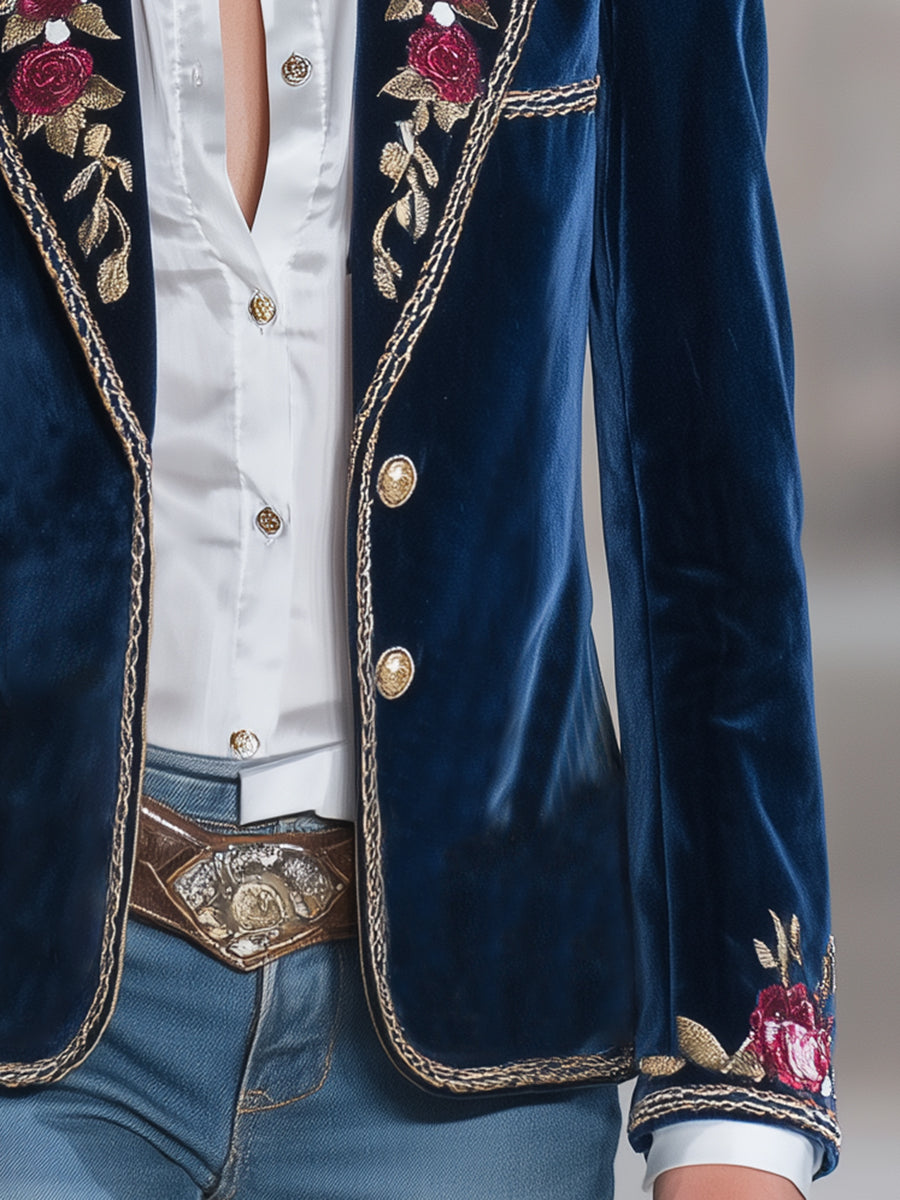 Classic Blue Velvet Rose Embroidered Button Blazer