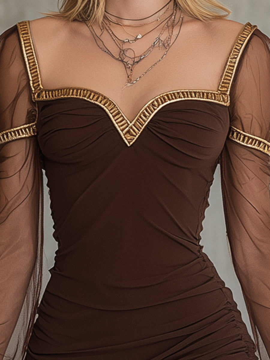 Elegant Brown Patchwork Tulle And Gold Ribbon Mini Dress