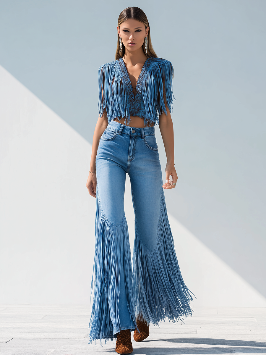 Trendy Retro Tassel Flared Jeans