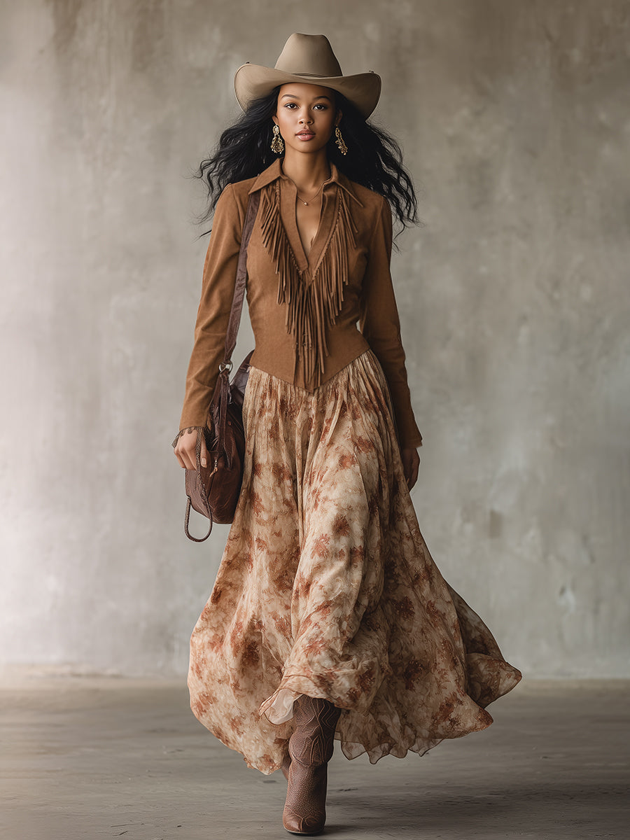 Retro Bohemian Khaki Faux Suede Patchwork Chiffon Printed Maxi Dress