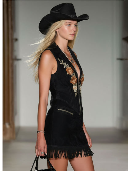 Black Faux Suede Vintage Floral Embroidered Zip-up Mini Dress