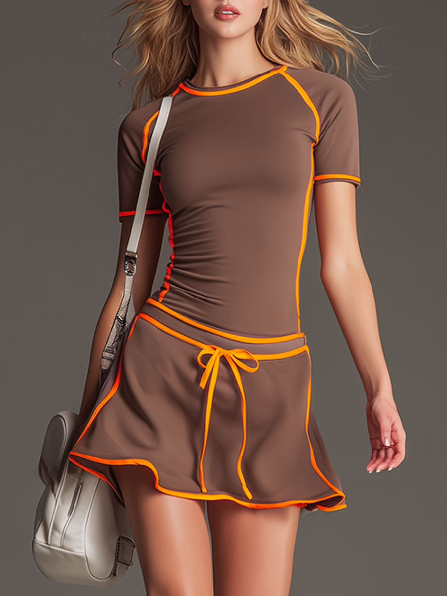 Sporty Casual Brown Short-sleeved Shirt And Skirt Set