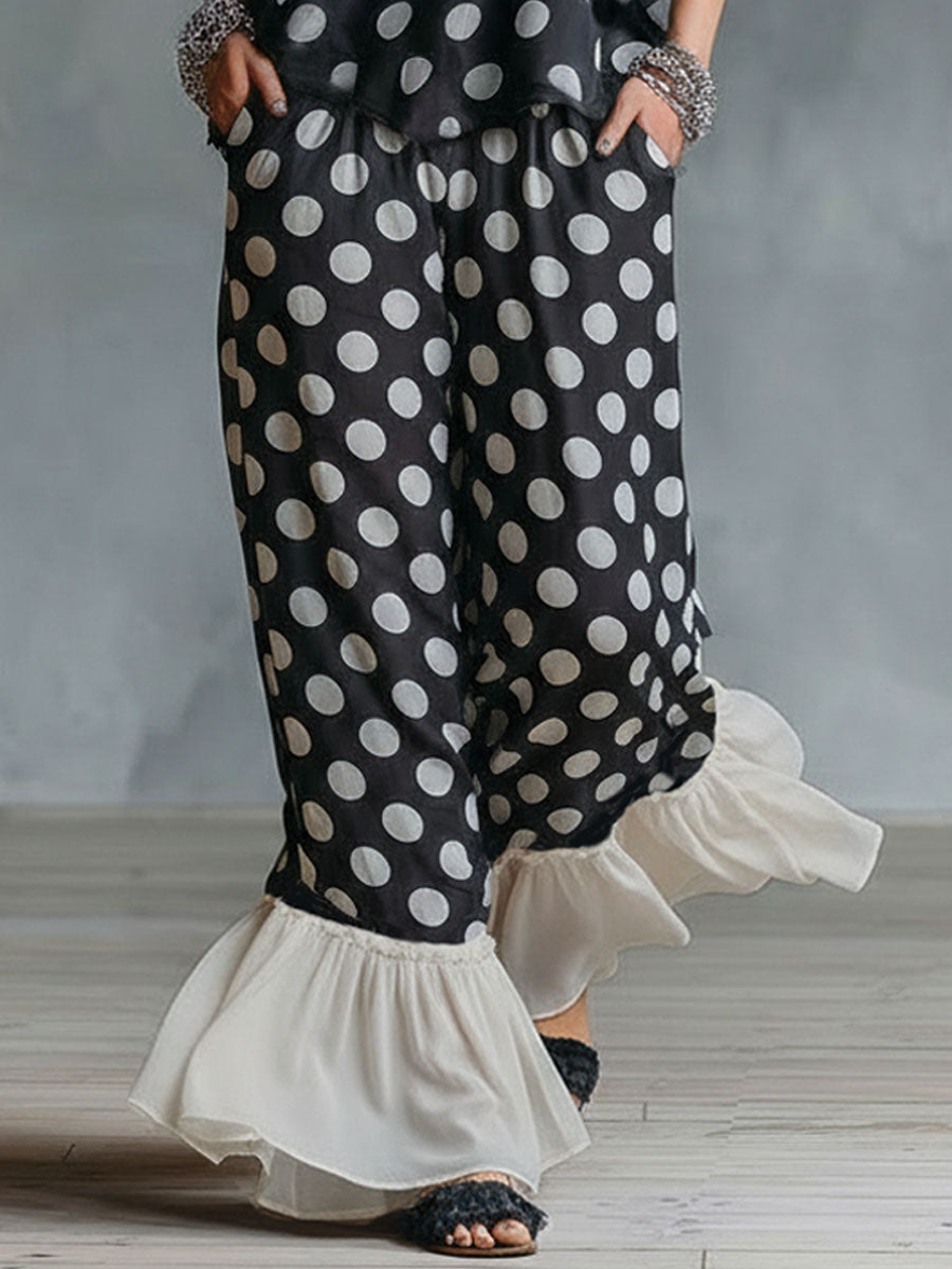Polka Dot Print Chiffon V-neck Sleeveless Top And Pants Set