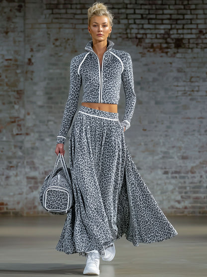 Leopard Print Stand-collar Zip-up Top And Long Skirt Velvet Set