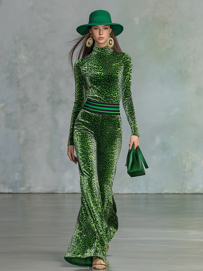 Sporty Retro Leopard Print Stand Collar Velvet T-Shirt And Flared Pants Set