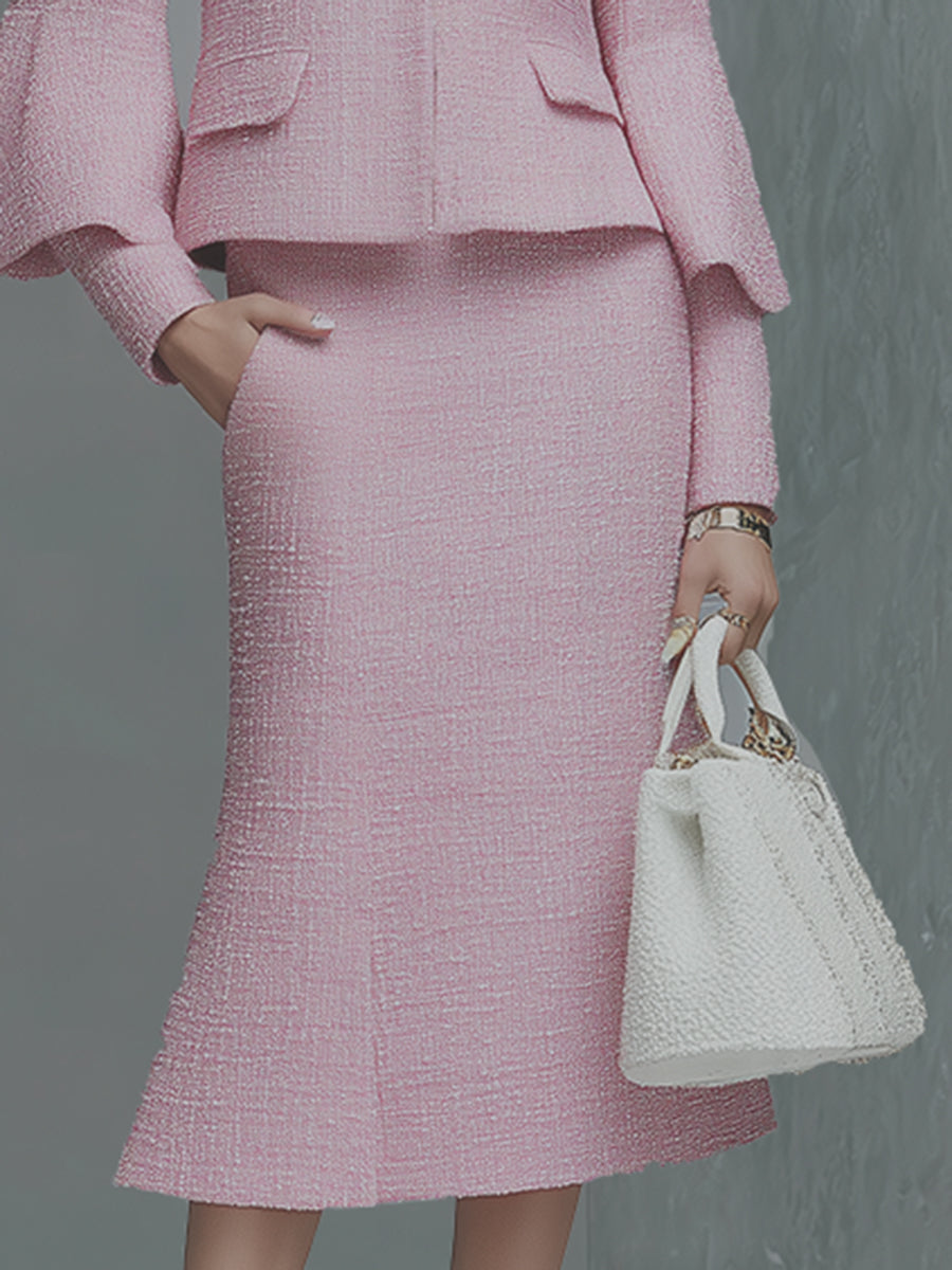 Elegant Neckline Bow Tie Trumpet Sleeve Jacket Skirt Tweed Set