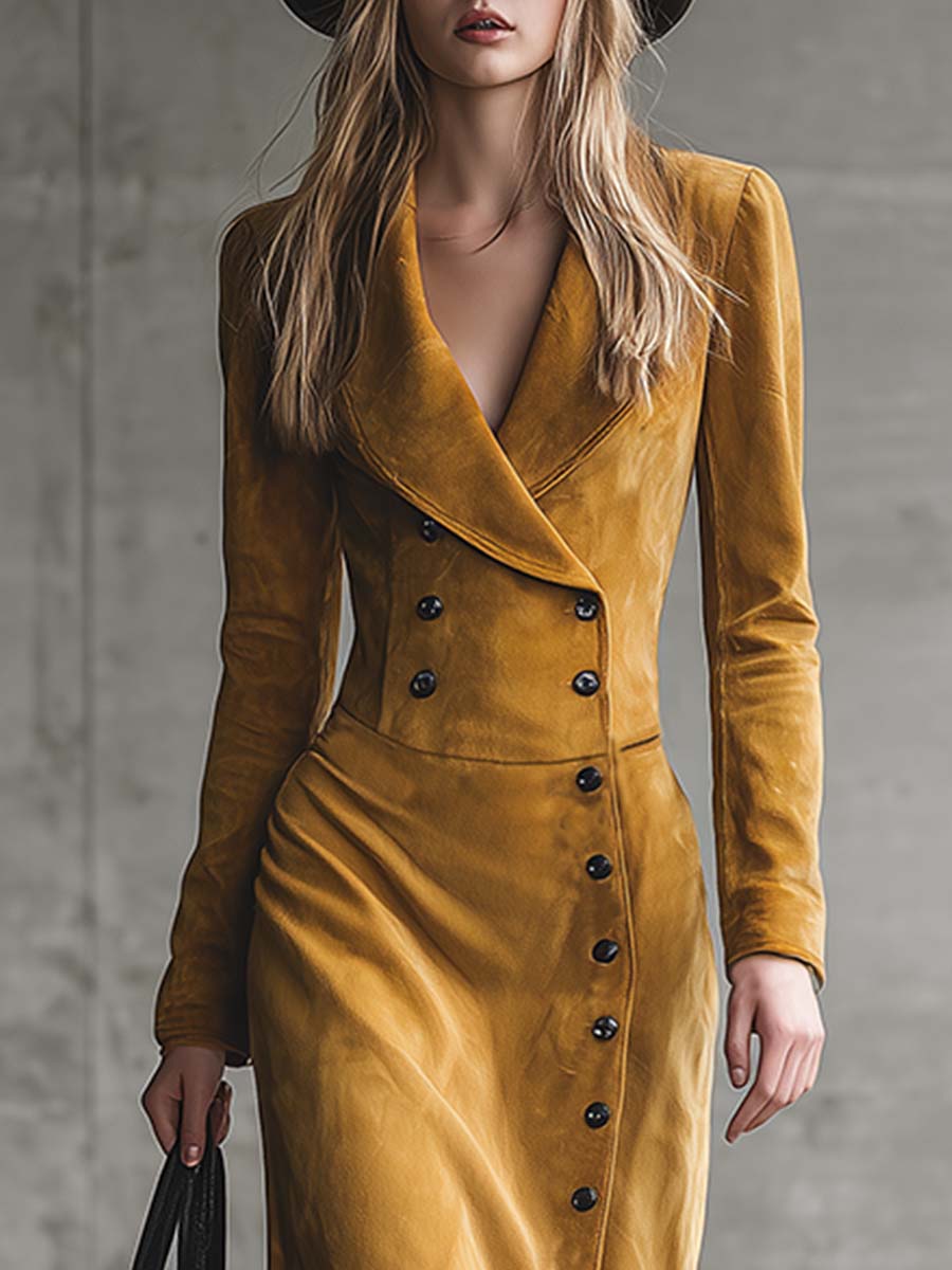 Elegant Retro Western V-neck Diagonal Front Button Slit Yellow Suede Midi Dress