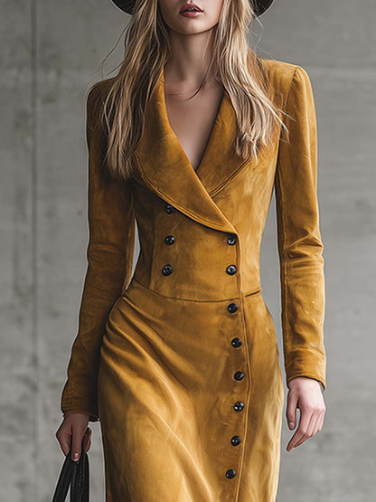 Elegant Retro Western V-neck Diagonal Front Button Slit Yellow Suede Midi Dress