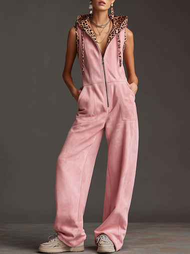 Western Retro Pink Faux Suede Sleeveless Leopard Print Hooded Wide-Leg Jumpsuit