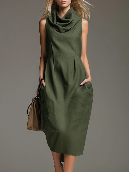 Casual And Stylish Sleeveless Cowl Neck And Pockets Midi Dress
