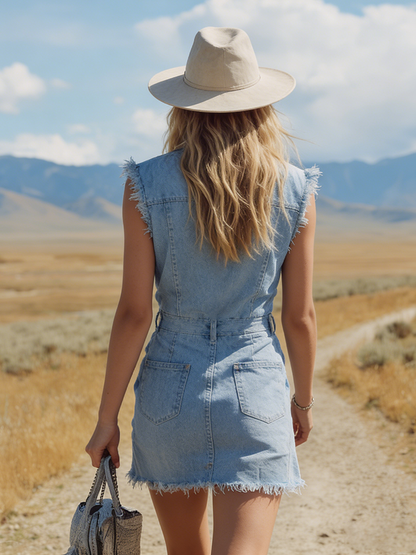 Western Bohemian Style Collared Button Sleeveless Frayed Denim Mini Dress