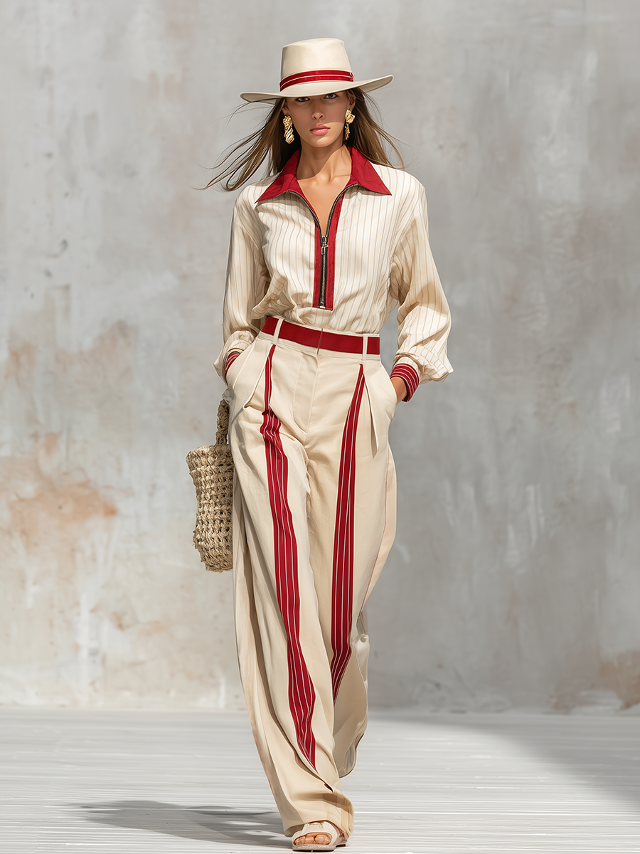 Vintage Charming Striped Shirt And Wide-leg Pants Set