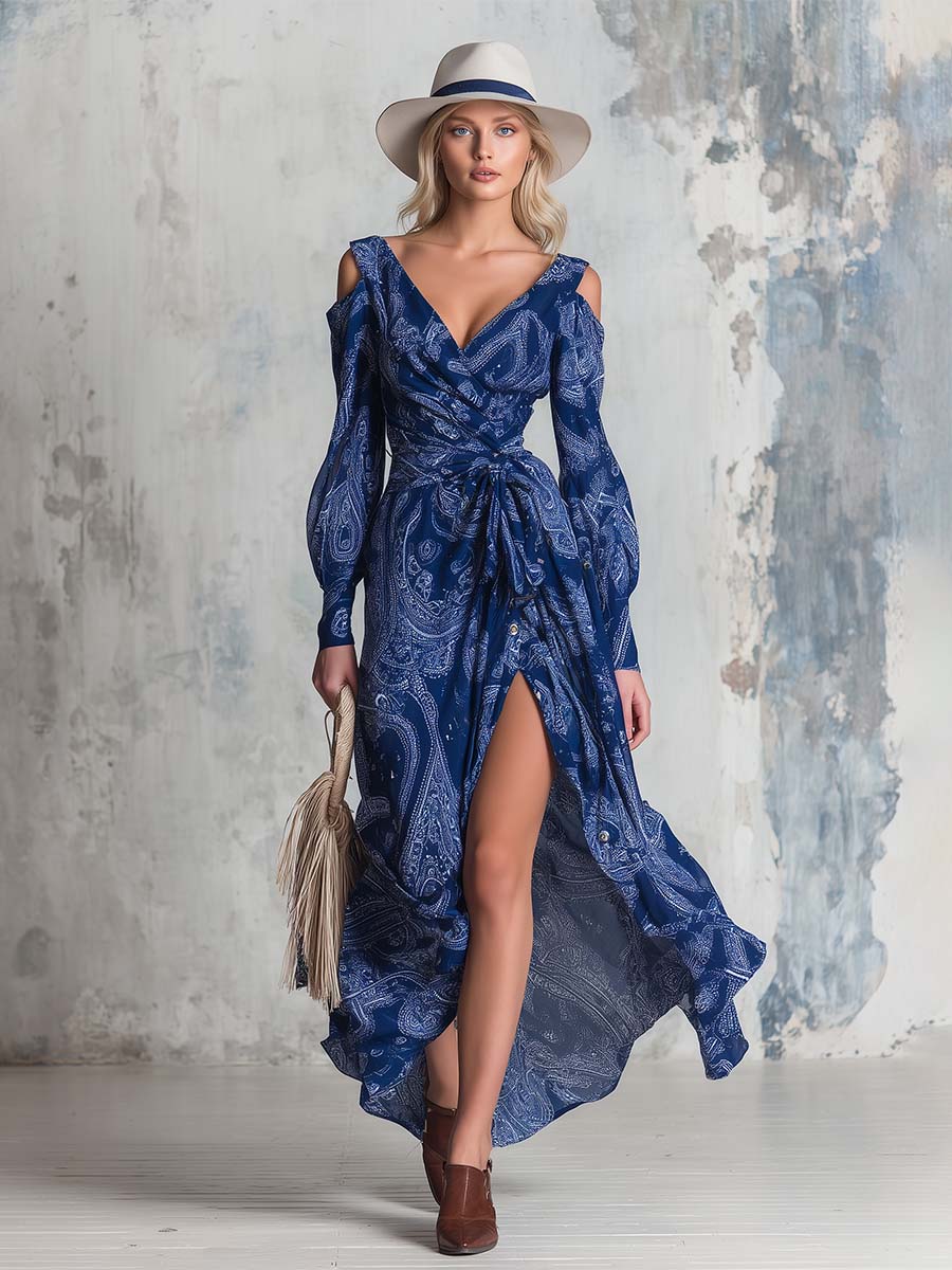 Elegant Bohemian Blue Paisley Print Chiffon Off-the-shoulder Long-sleeved Maxi Dress