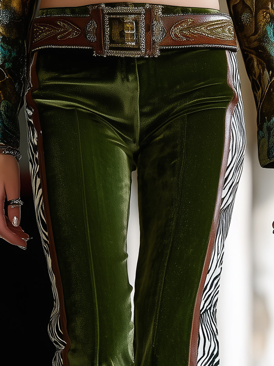 Western-style Green Velvet Flared Pants With Brown Webbing Zebra Print