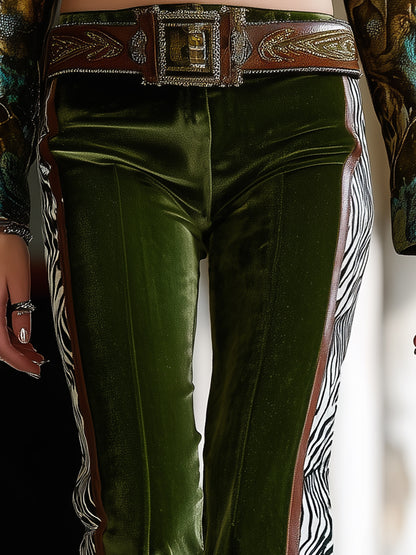 Western-style Green Velvet Flared Pants With Brown Webbing Zebra Print