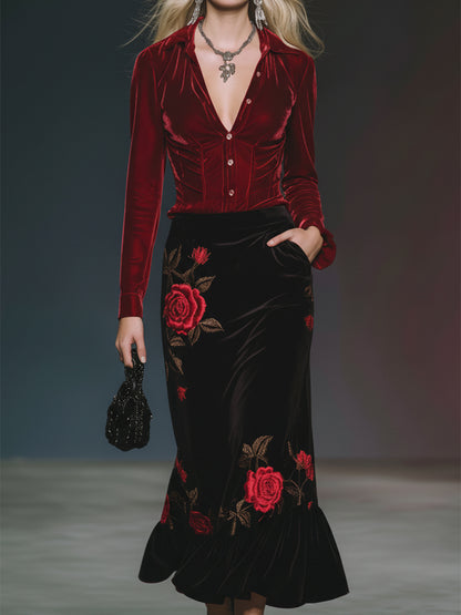 Casual And Stylish Red Velvet Shirt And Rose Embroidered Black Velvet Skirt Set