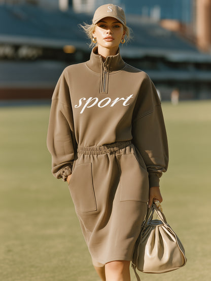 Loose-fitting Casual Stand-up Collar Brown Cotton Midi Dress