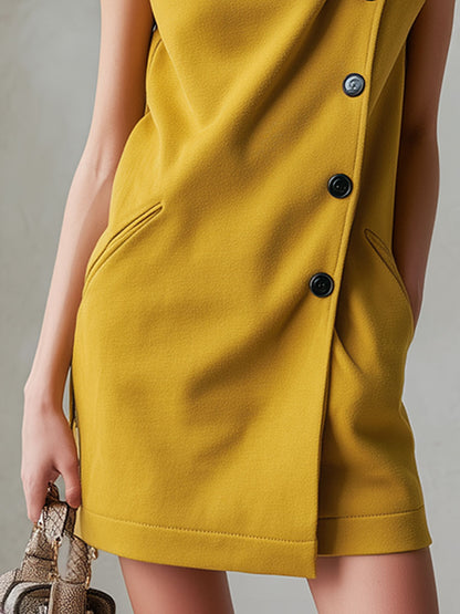 Stylish And Casual Yellow Turtleneck Button-down Cotton Mini Dress