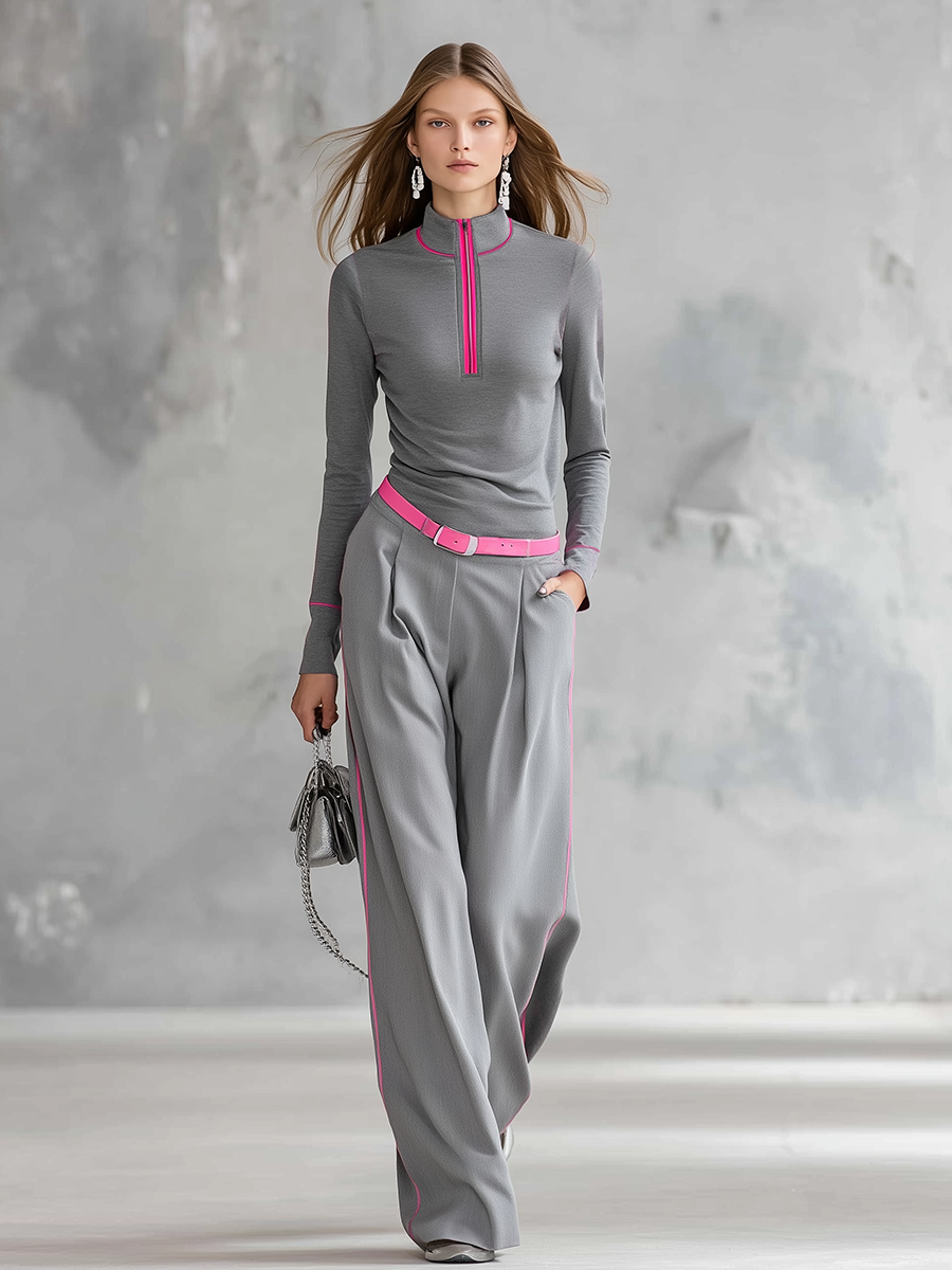 Retro Sporty Color-blocked Zip-up Stand-collar T-shirt And Wide-leg Pants Set