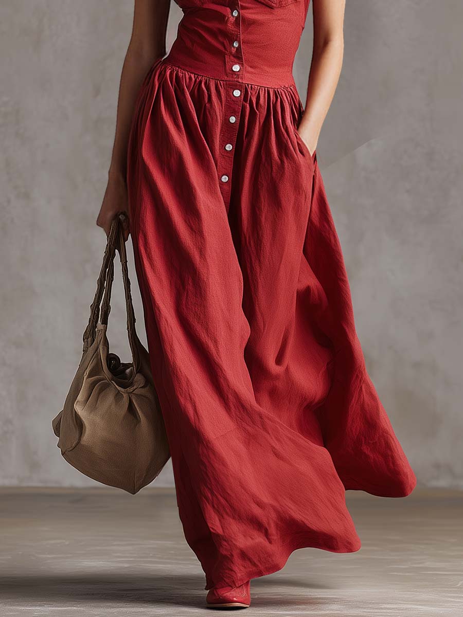 Retro Western Lapel Front Button Sleeveless Red Windbreaker Style Cotton And Linen Maxi Dress