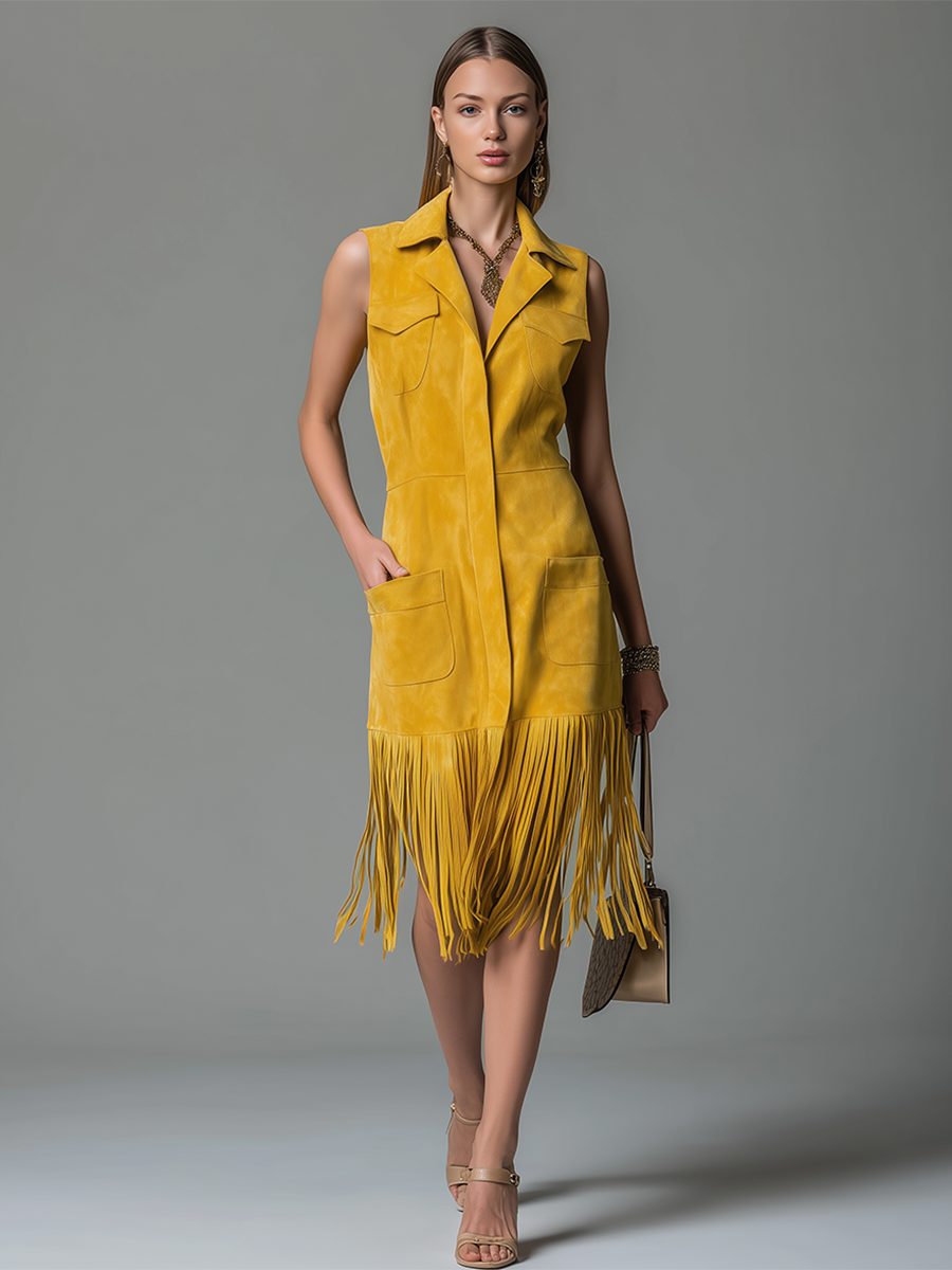 Fashionable Retro Lapel Zipper Closure Faux Suede Midi Dress