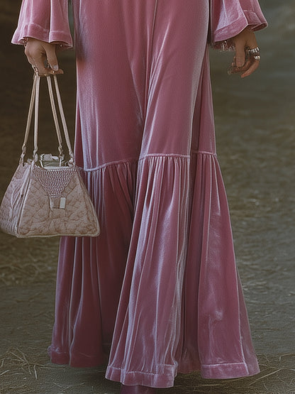 Western-style Elegant Teardrop Neckline And Flared Sleeve Maxi Dress