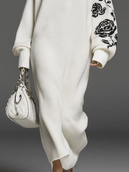 Stylish Loose-fitting Black Rose White Knit Maxi Dress