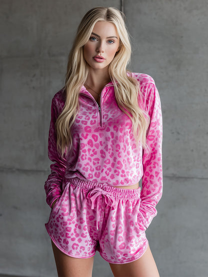 Leopard Print Velvet Top And Shorts Set