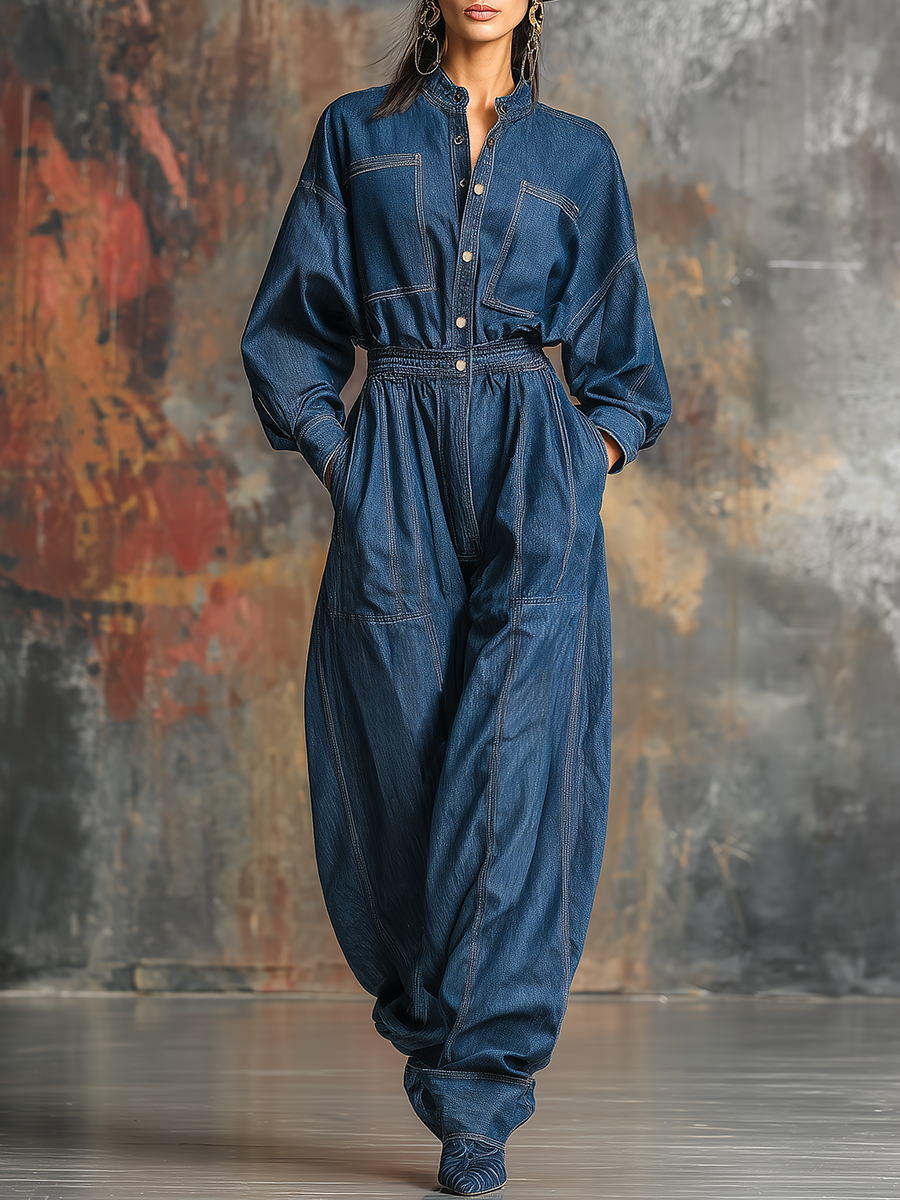 Retro Workwear Stand-up Collar Loose Denim Jumpsuit