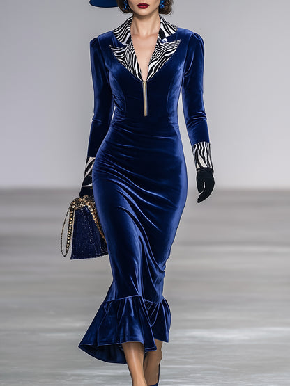 Elegant Sapphire Blue Velvet Patchwork Zebra Print Midi Dress
