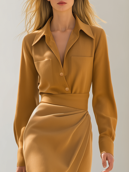 Elegant Business-style Solid Color Lapel Midi Dress