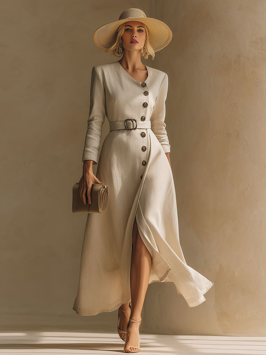 Stylish And Casual Button-down White Cotton And Linen Blend Midi Dress