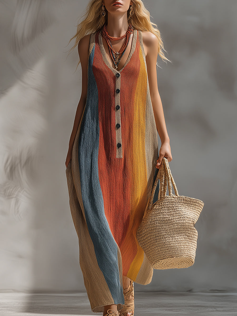 Retro Vacation Style Rainbow-colored Lightweight Knit Sleeveless Maxi Dress